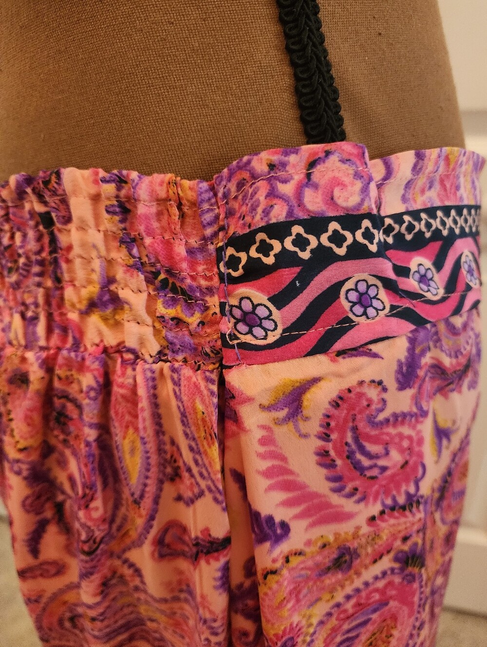 Vibrant Pink Paisley Boho Tiered Maxi Skirt Front Button Slit Smocked Waistband - Picture 4 of 13